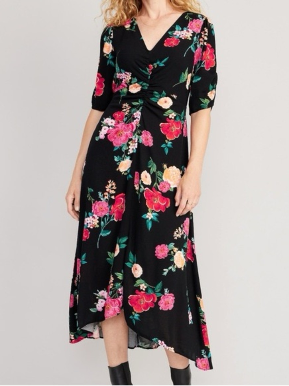 Old Navy Medium PETITE Black Floral Midi Dress NWT
